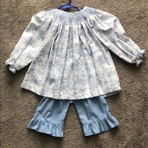 NWOT, Hand smocked top with ruffle bottom pants
